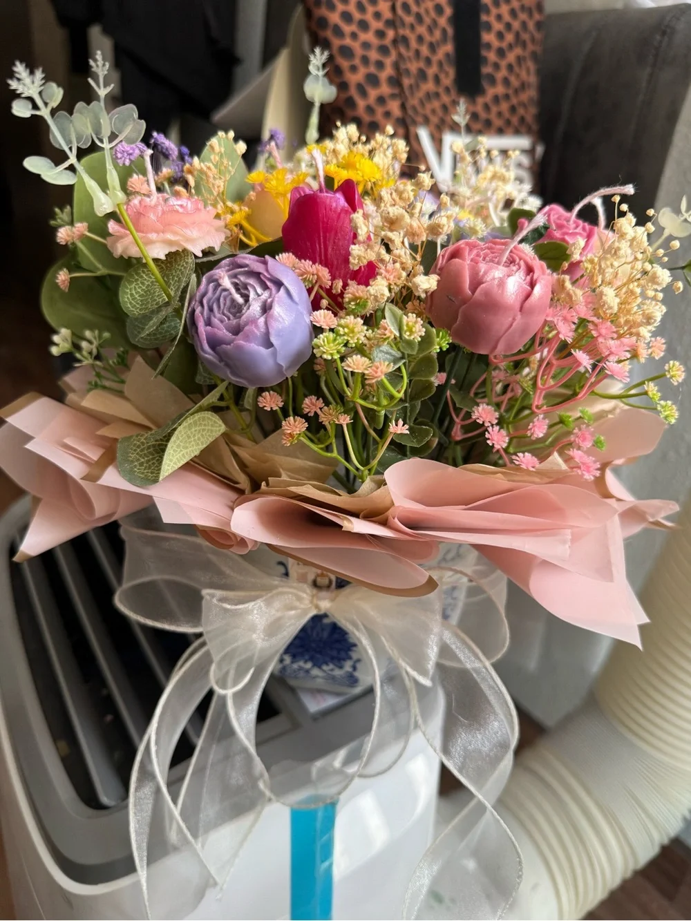 Floral Candle Bouquet Arrangement in Pink and Purple Vase Accent- Handcrafted🕯️✨